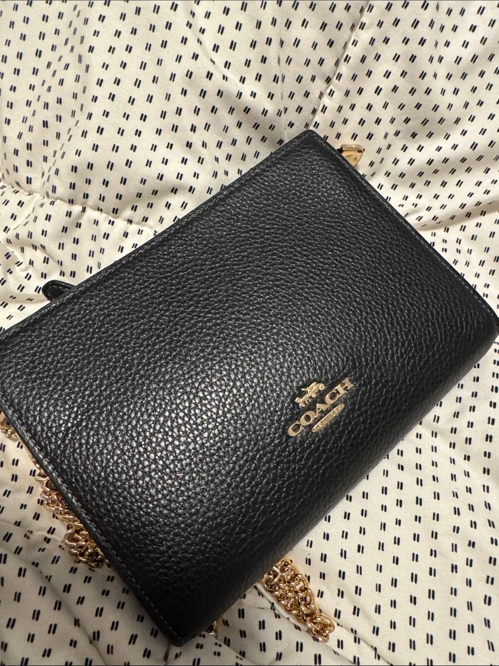 Coach Black Pebbled Leather Crossbody with Gold Chain